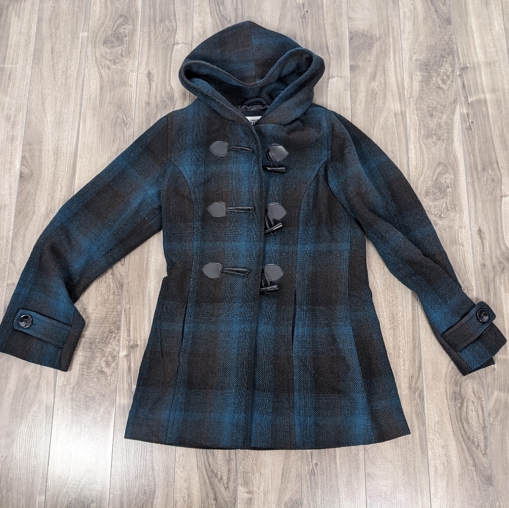 Urban Heritage Plaid Pea Coat Toggles Green Black Medium